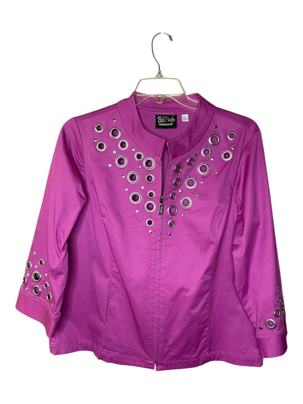 Bob Mackie Wearable Art Hot Pink Grommet Zip Jacket Sz L - Picture 1 of 4